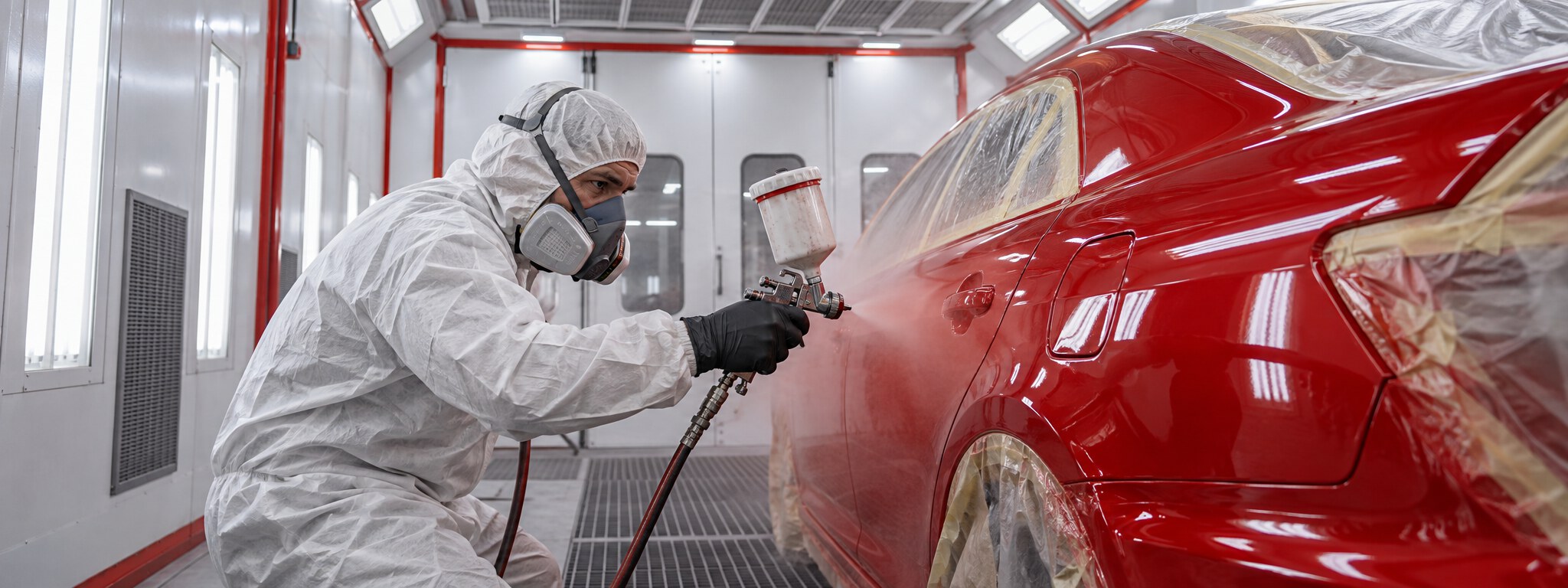 Pintor aplicando pintura roja a un auto desde el interior de una cabina
